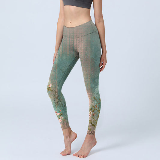 Symmetrical Retro Flower Leaf Vine Fence Pattern Print Gym Leggings Women's Yoga Pants