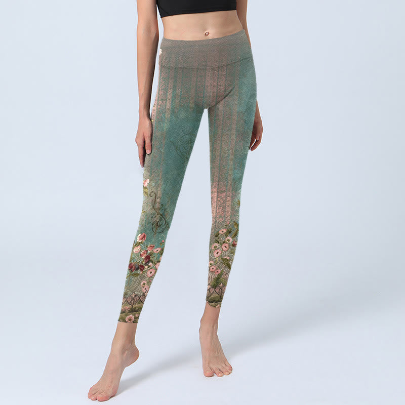 Symmetrical Retro Flower Leaf Vine Fence Pattern Print Gym Leggings Women's Yoga Pants