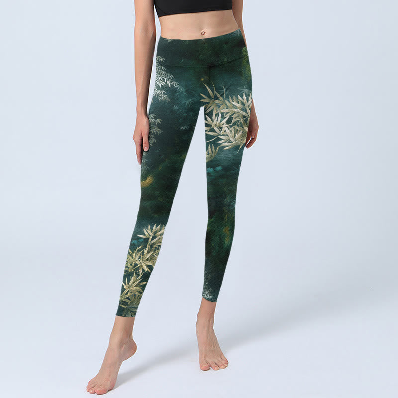 Elegant Bamboo Leaf Pattern Print Gym Leggings Women's Yoga Pants