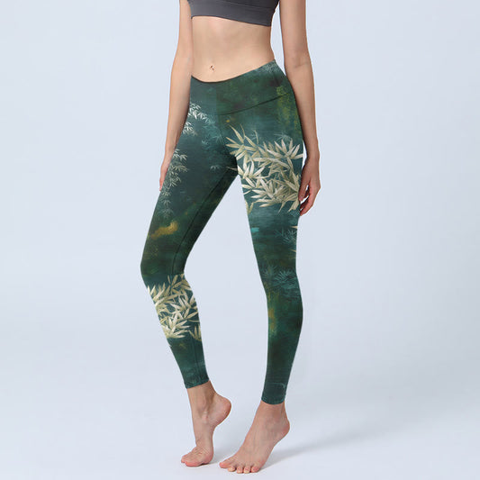 Elegant Bamboo Leaf Pattern Print Gym Leggings Women's Yoga Pants