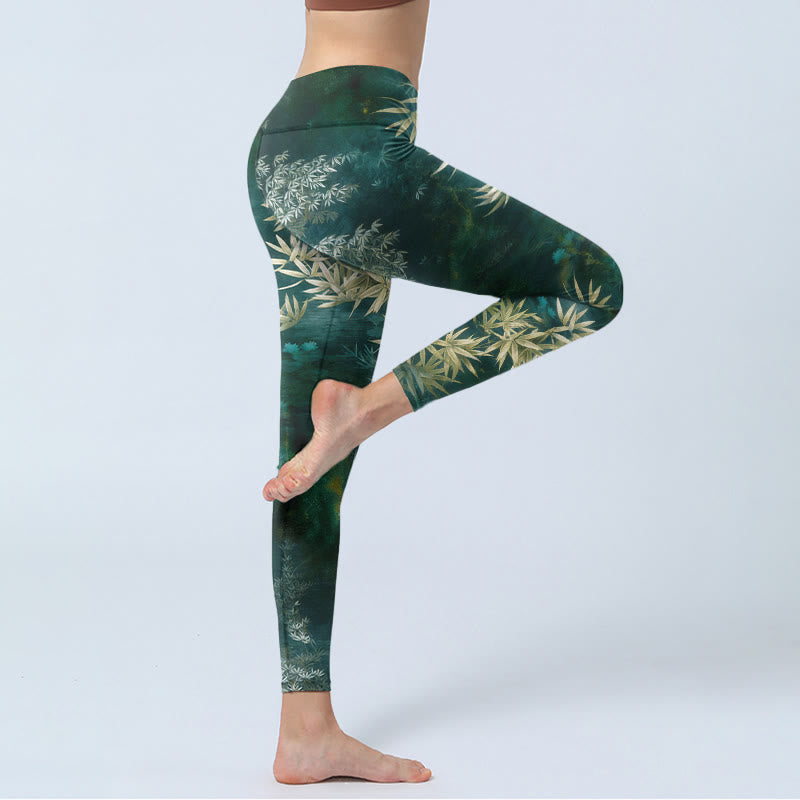 Elegant Bamboo Leaf Pattern Print Gym Leggings Women's Yoga Pants