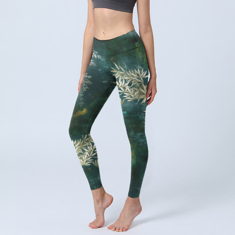 Elegant Bamboo Leaf Pattern Print Gym Leggings Women's Yoga Pants