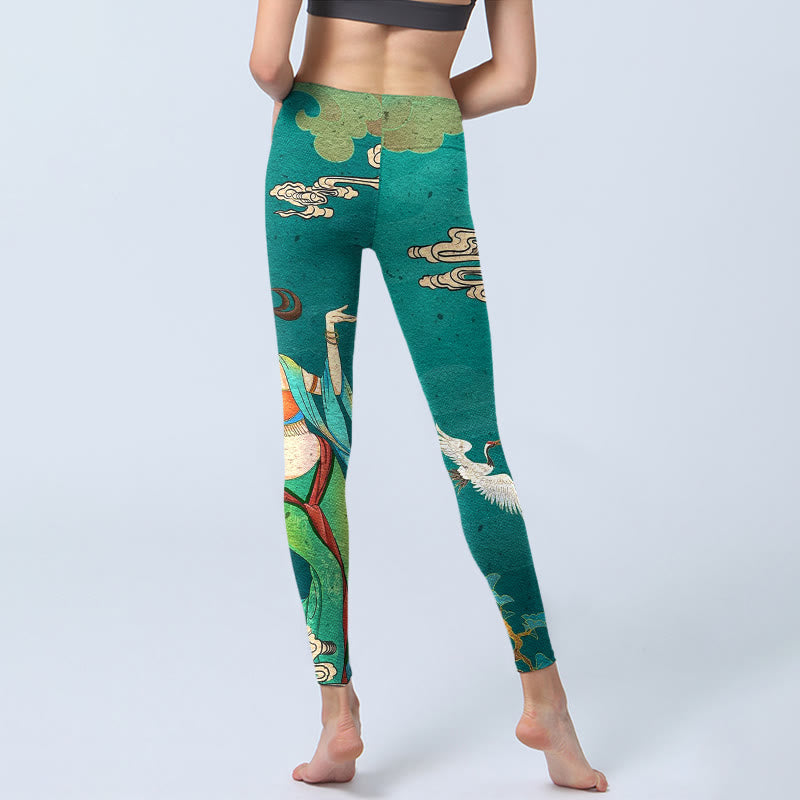 Elegant Fairy Crane Cloud Pine Tree Pattern Print Gym Leggings Women's Yoga Pants