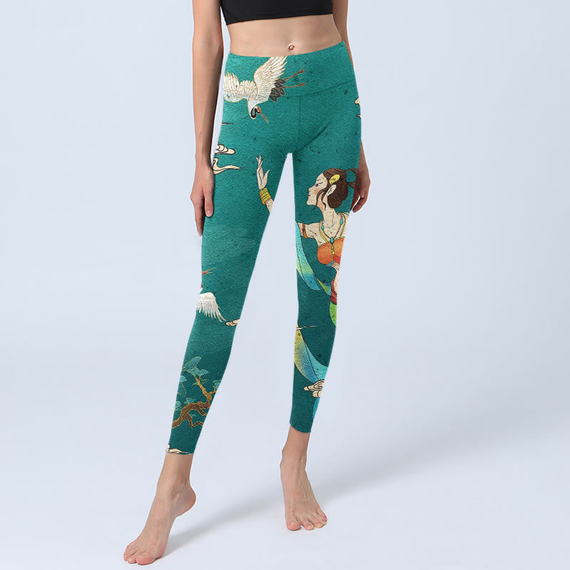 Elegant Fairy Crane Cloud Pine Tree Pattern Print Gym Leggings Women's Yoga Pants