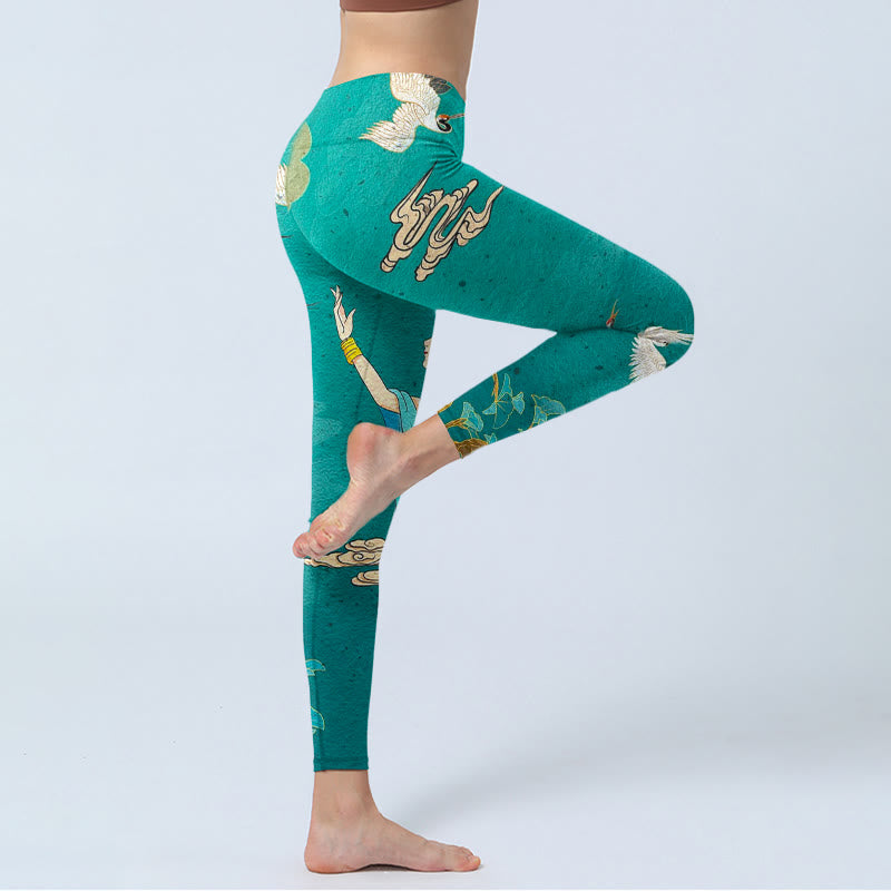 Elegant Fairy Crane Cloud Pine Tree Pattern Print Gym Leggings Women's Yoga Pants