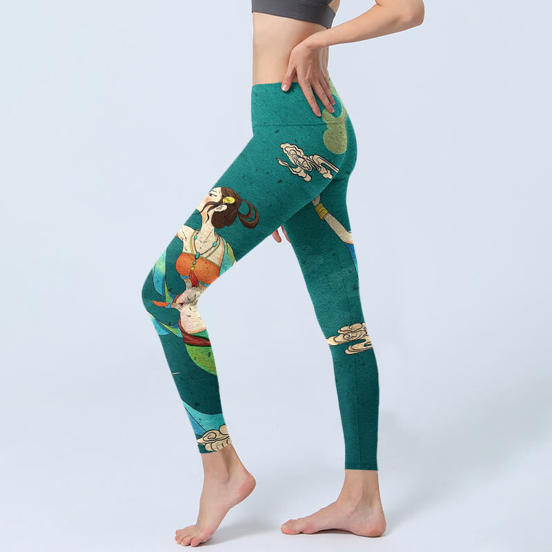 Elegant Fairy Crane Cloud Pine Tree Pattern Print Gym Leggings Women's Yoga Pants