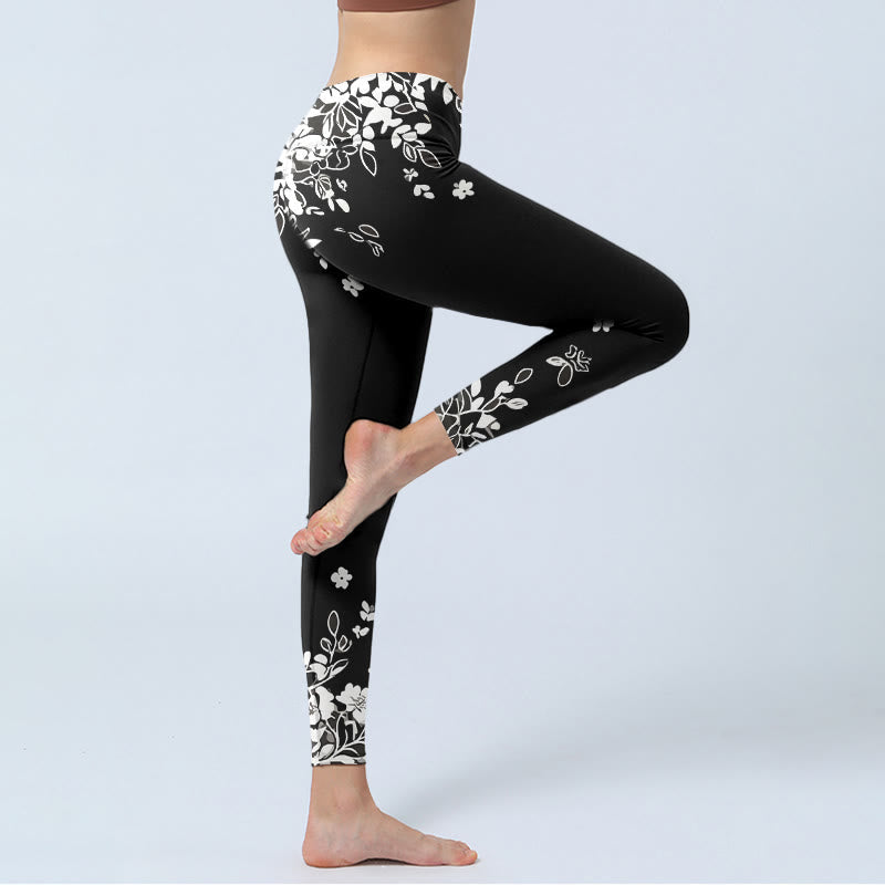 Black White Contrast Flower Pattern Print Gym Leggings Women's Yoga Pants