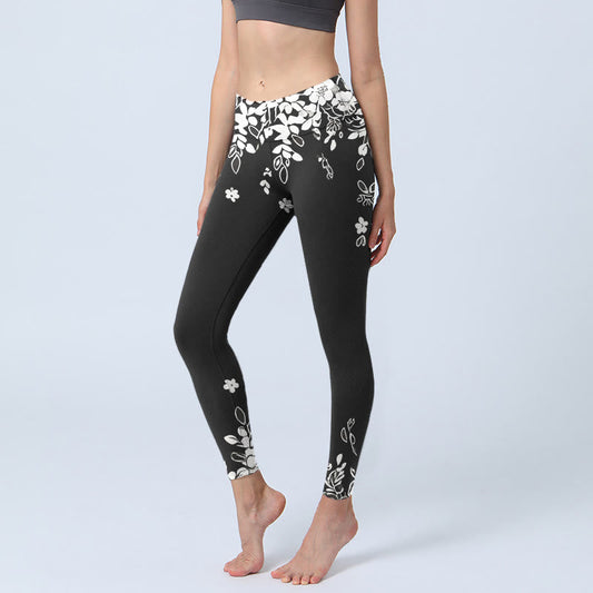 Black White Contrast Flower Pattern Print Gym Leggings Women's Yoga Pants