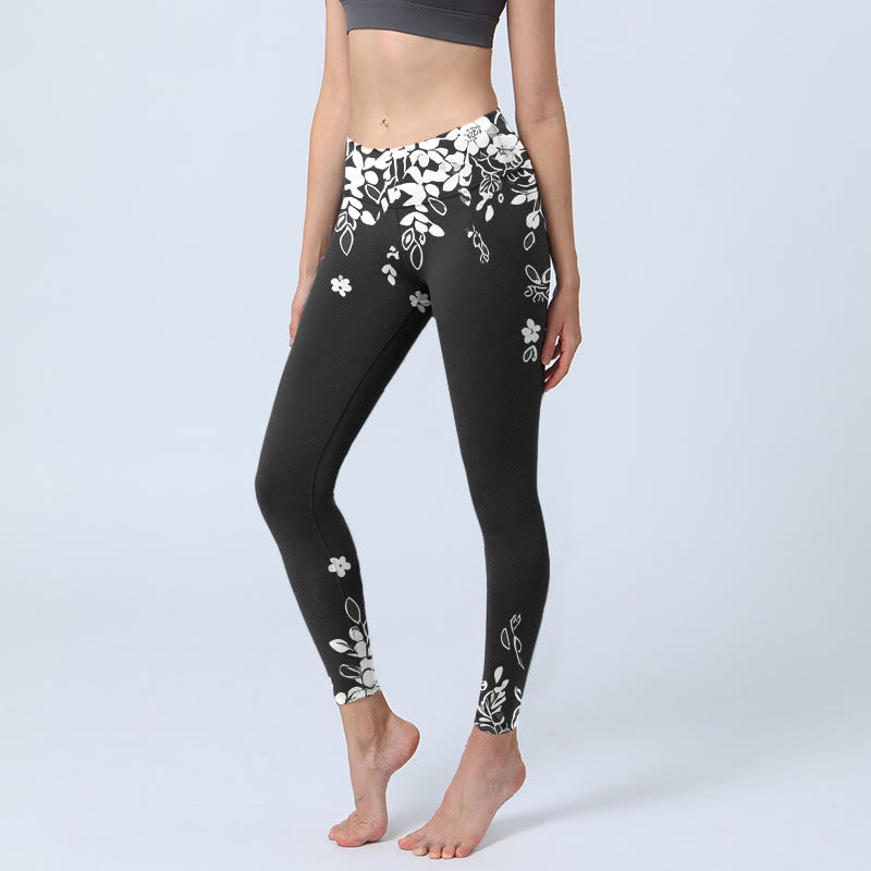 Black White Contrast Flower Pattern Print Gym Leggings Women's Yoga Pants