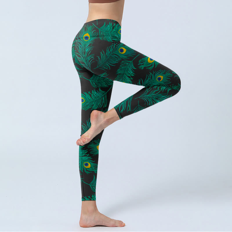 Retro Peacock Feather Pattern Print Gym Leggings Women's Yoga Pants