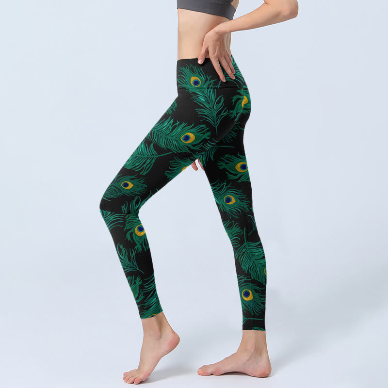 Retro Peacock Feather Pattern Print Gym Leggings Women's Yoga Pants