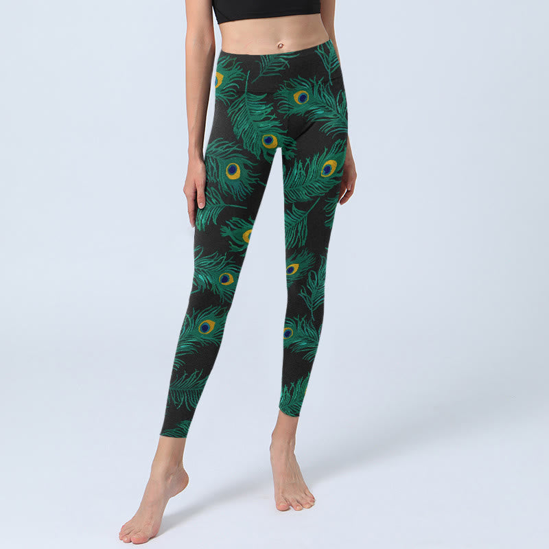 Retro Peacock Feather Pattern Print Gym Leggings Women's Yoga Pants