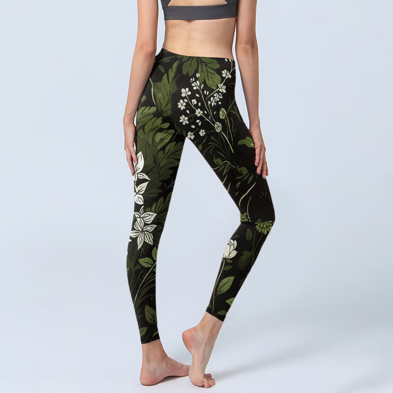 Retro Flower Leaf Pattern Print Gym Leggings Women's Yoga Pants