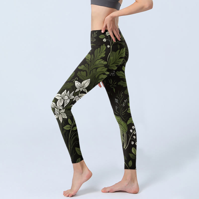 Retro Flower Leaf Pattern Print Gym Leggings Women's Yoga Pants