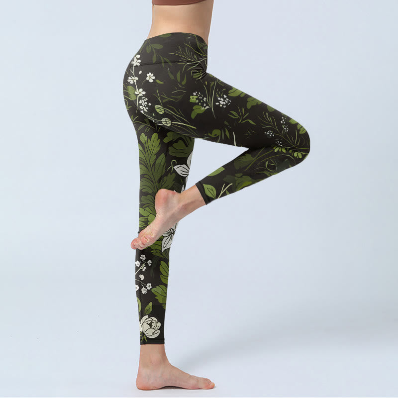 Retro Flower Leaf Pattern Print Gym Leggings Women's Yoga Pants