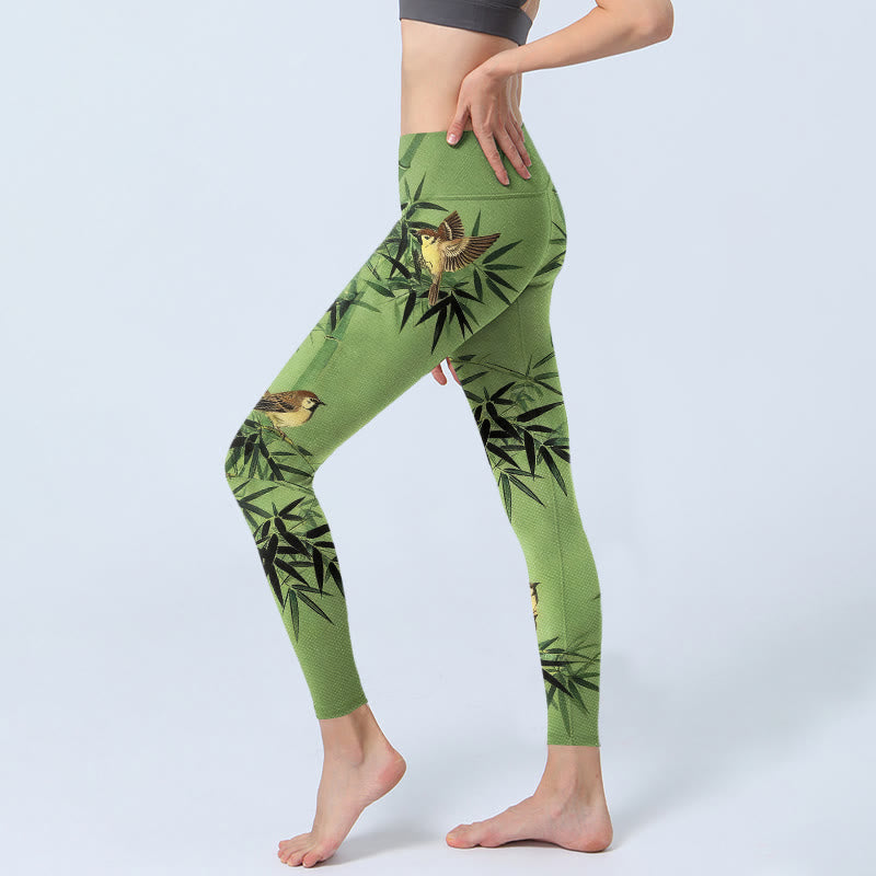 Elegant Bird Bamboo Leaf Pattern Print Gym Leggings Women's Yoga Pants