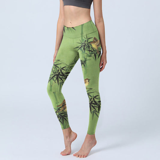 Elegant Bird Bamboo Leaf Pattern Print Gym Leggings Women's Yoga Pants