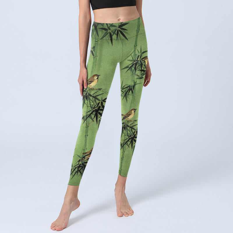 Elegant Bird Bamboo Leaf Pattern Print Gym Leggings Women's Yoga Pants