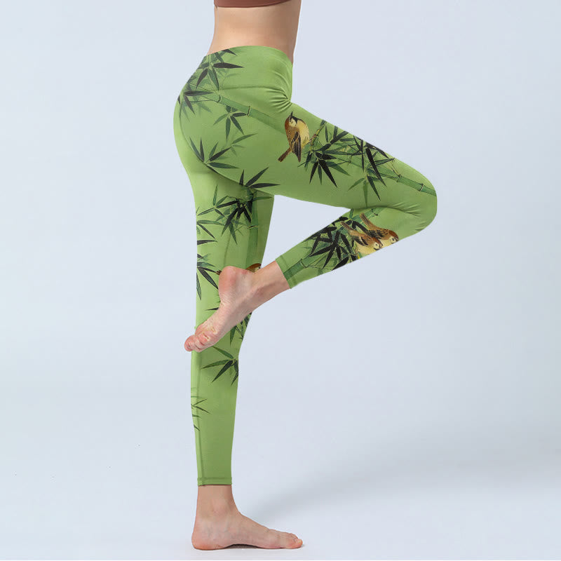Elegant Bird Bamboo Leaf Pattern Print Gym Leggings Women's Yoga Pants