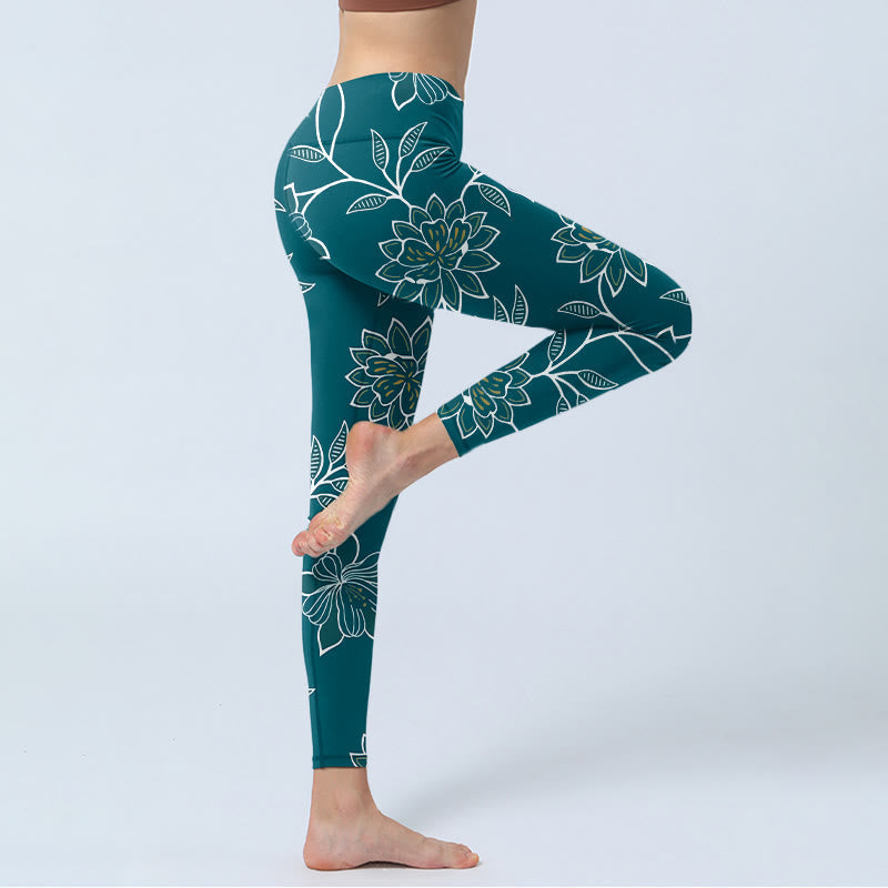 Retro Elegant Flower Leaf Pattern Print Gym Leggings Women's Yoga Pants
