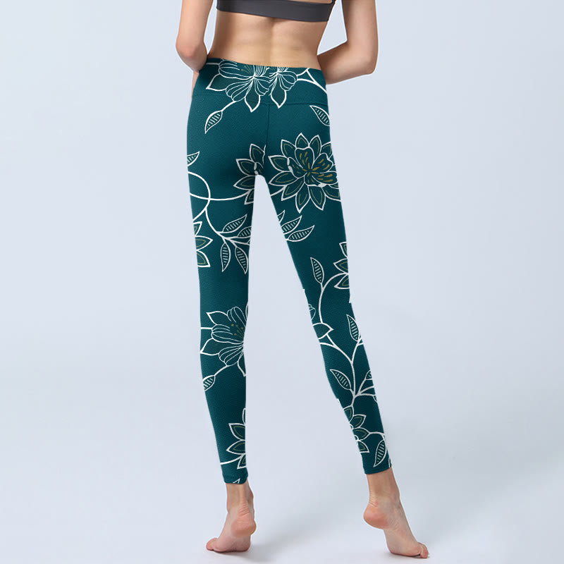 Retro Elegant Flower Leaf Pattern Print Gym Leggings Women's Yoga Pants