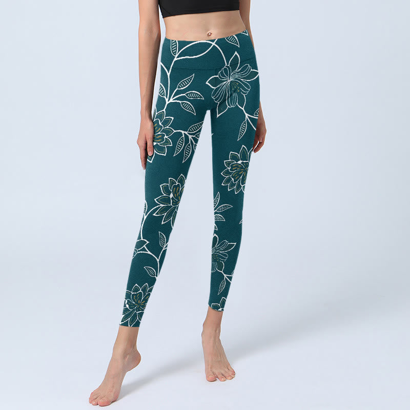 Retro Elegant Flower Leaf Pattern Print Gym Leggings Women's Yoga Pants