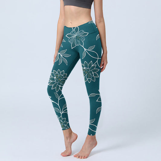 Retro Elegant Flower Leaf Pattern Print Gym Leggings Women's Yoga Pants