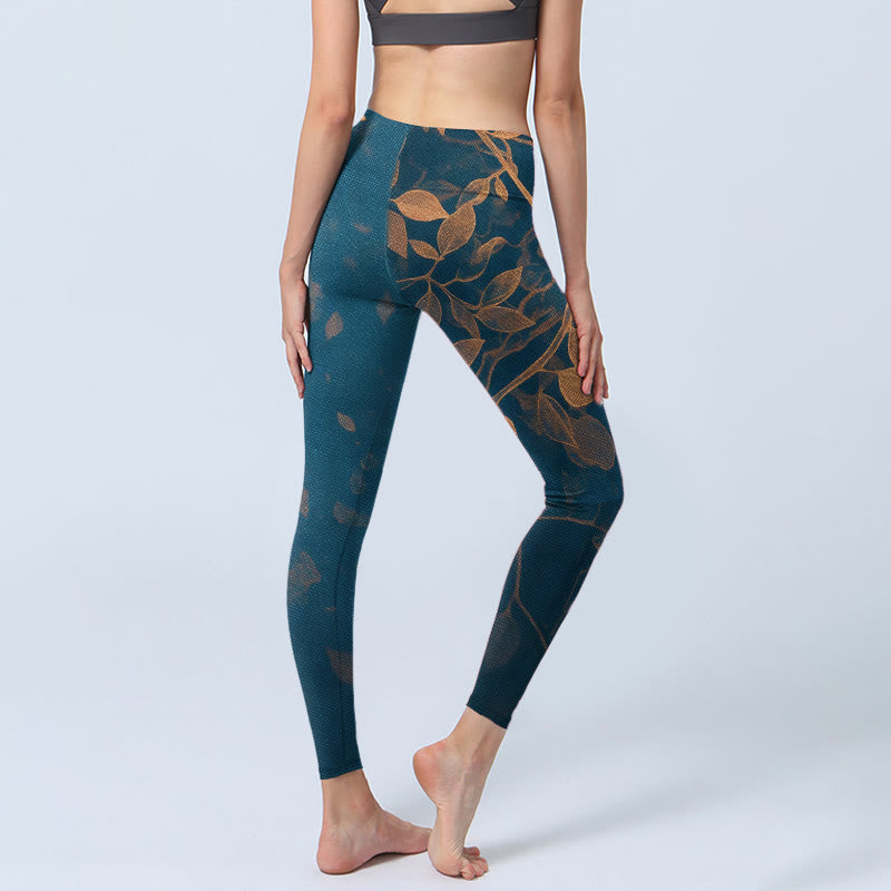 Elegant Leaf Pattern Print Gym Leggings Women's Yoga Pants