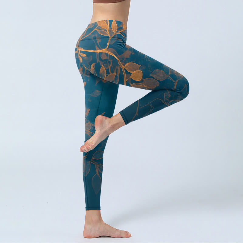 Elegant Leaf Pattern Print Gym Leggings Women's Yoga Pants