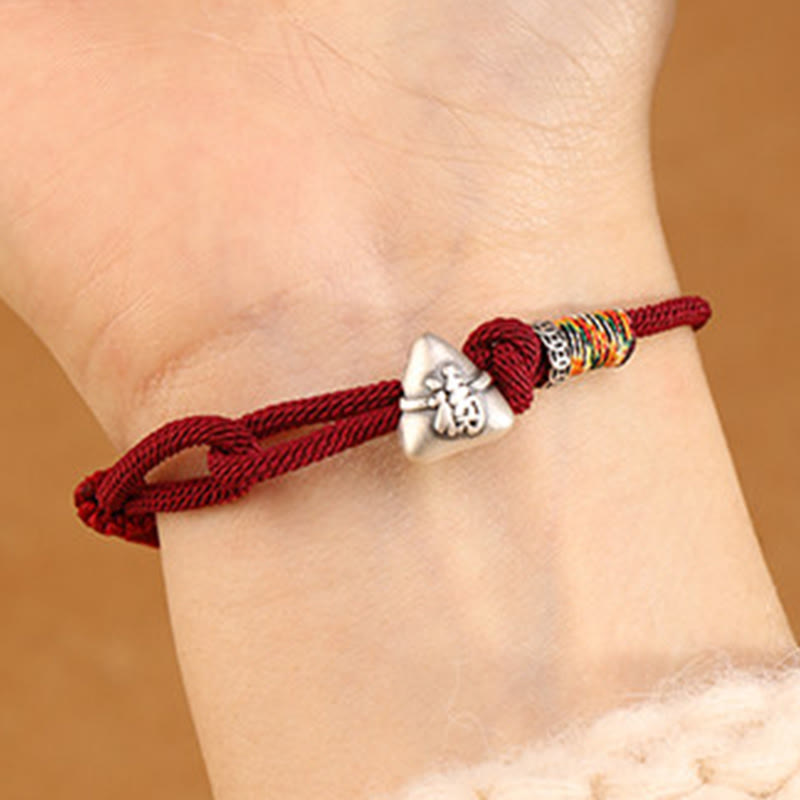 999 Sterling Silver Fu Character Zongzi Fortune Luck Rope Bracelet