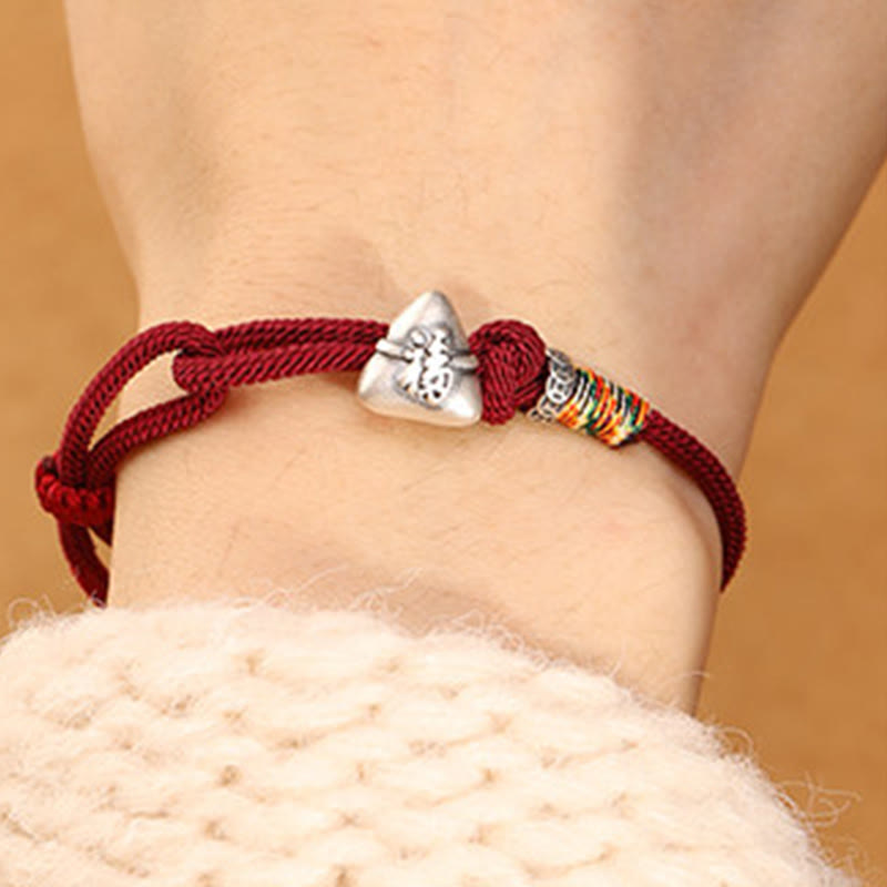 999 Sterling Silver Fu Character Zongzi Fortune Luck Rope Bracelet