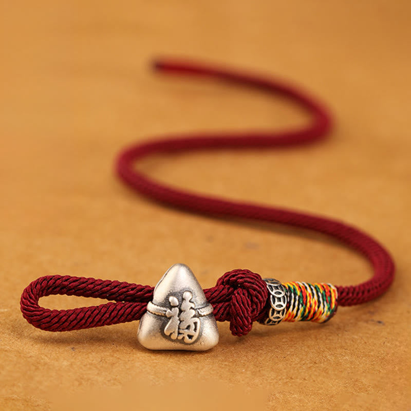 999 Sterling Silver Fu Character Zongzi Fortune Luck Rope Bracelet