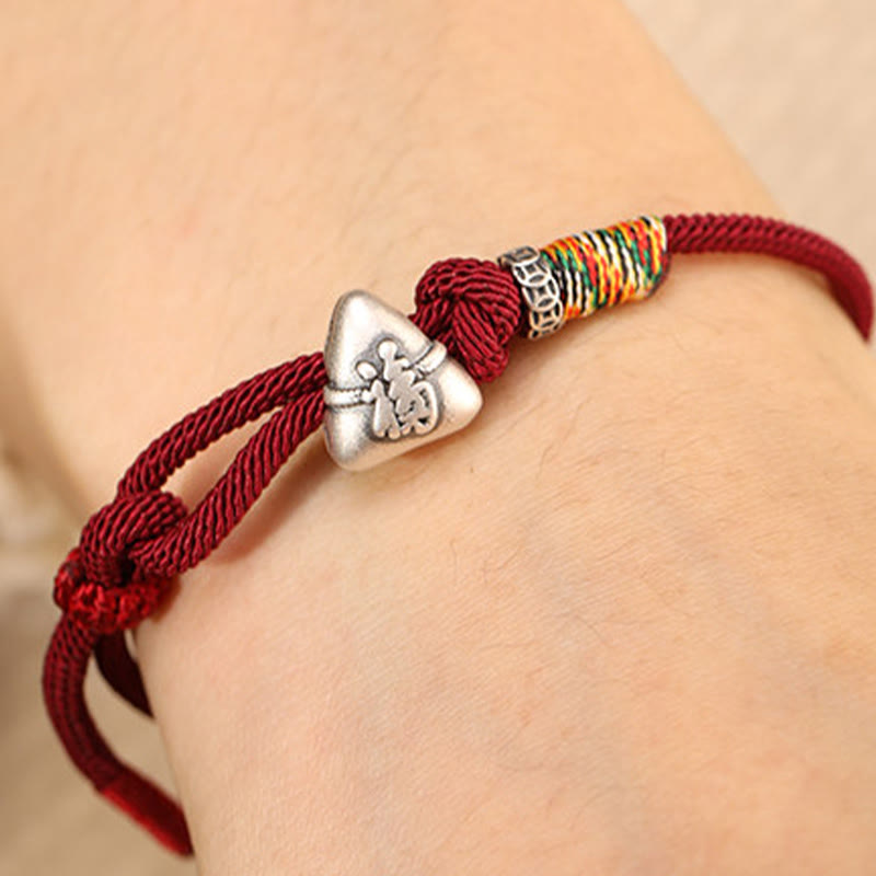 999 Sterling Silver Fu Character Zongzi Fortune Luck Rope Bracelet