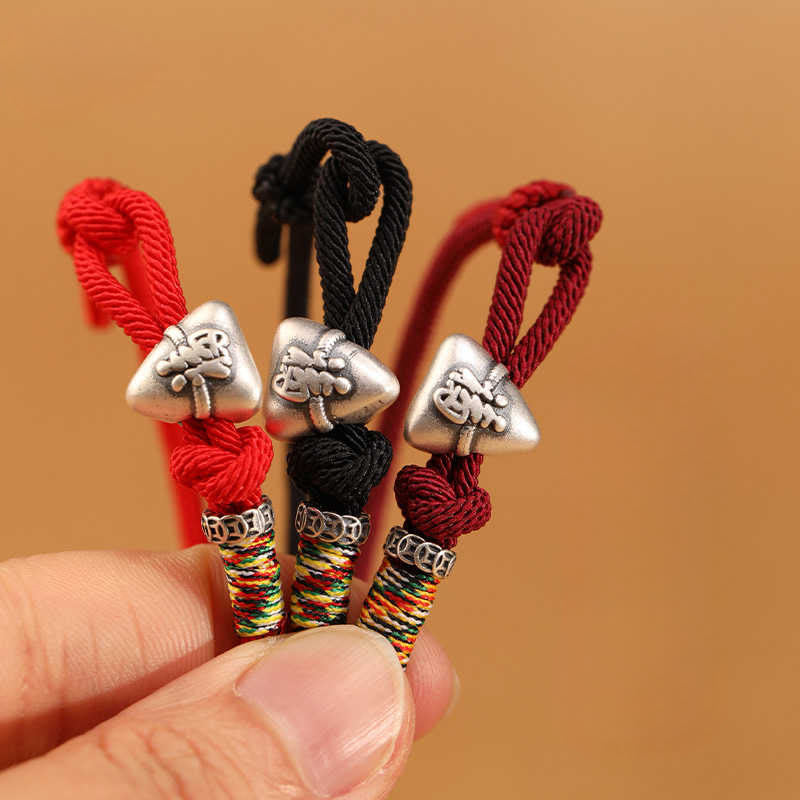 999 Sterling Silver Fu Character Zongzi Fortune Luck Rope Bracelet