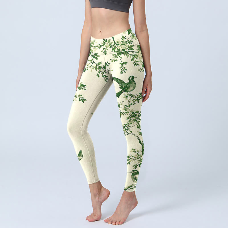 Fresh Tree Flower Leaf Bird Pattern Print Gym Leggings Women's Yoga Pants