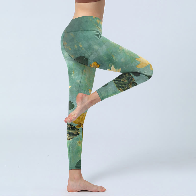 Classical Lotus Flower Leaf Pattern Print Gym Leggings Women's Yoga Pants