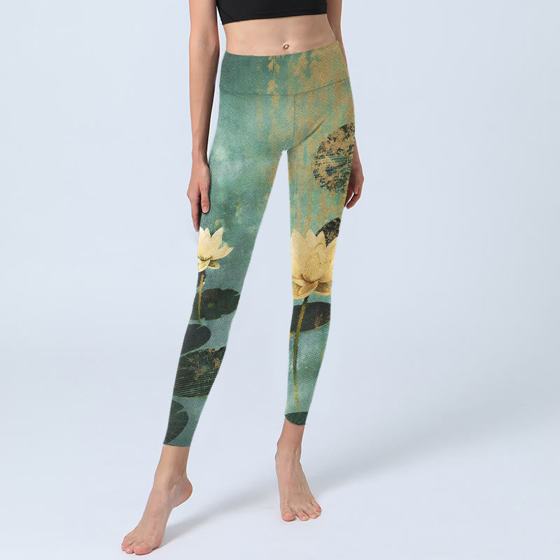 Classical Lotus Flower Leaf Pattern Print Gym Leggings Women's Yoga Pants