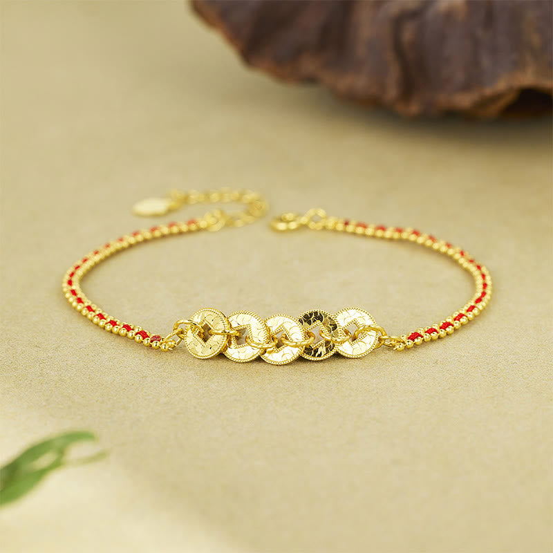 925 Sterling Silver Five-Emperor Coins Red String Balance Bracelet