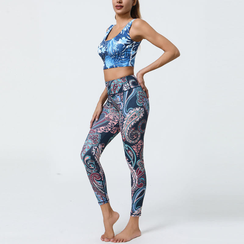 Flowers Feathers Sun Moon Print Sports Fitness Yoga High Waist Leggings Women's Pants