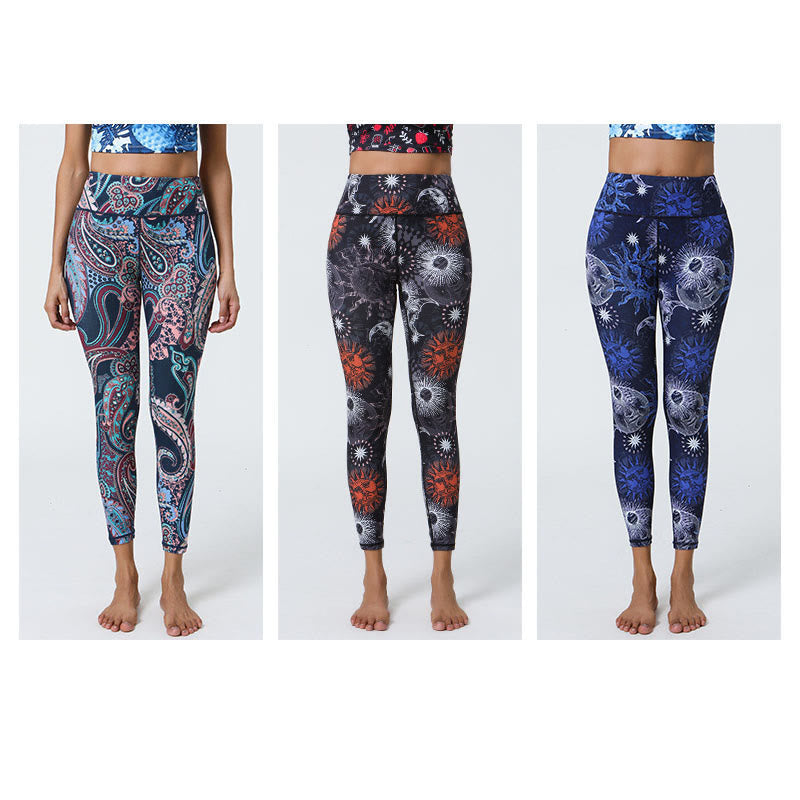 Flowers Feathers Sun Moon Print Sports Fitness Yoga High Waist Leggings Women's Pants
