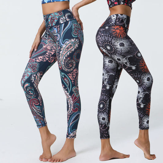 Flowers Feathers Sun Moon Print Sports Fitness Yoga High Waist Leggings Women's Pants