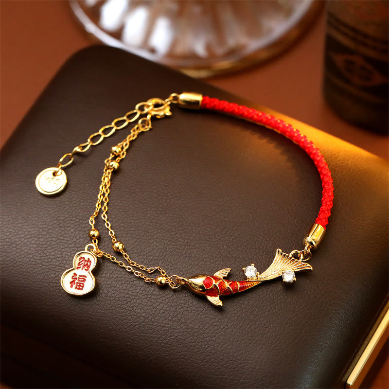 Koi Fish Attract Wealth Gourd Charm Design Red String Luck Bracelet