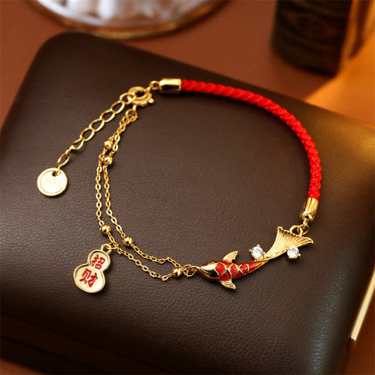 Koi Fish Attract Wealth Gourd Charm Design Red String Luck Bracelet