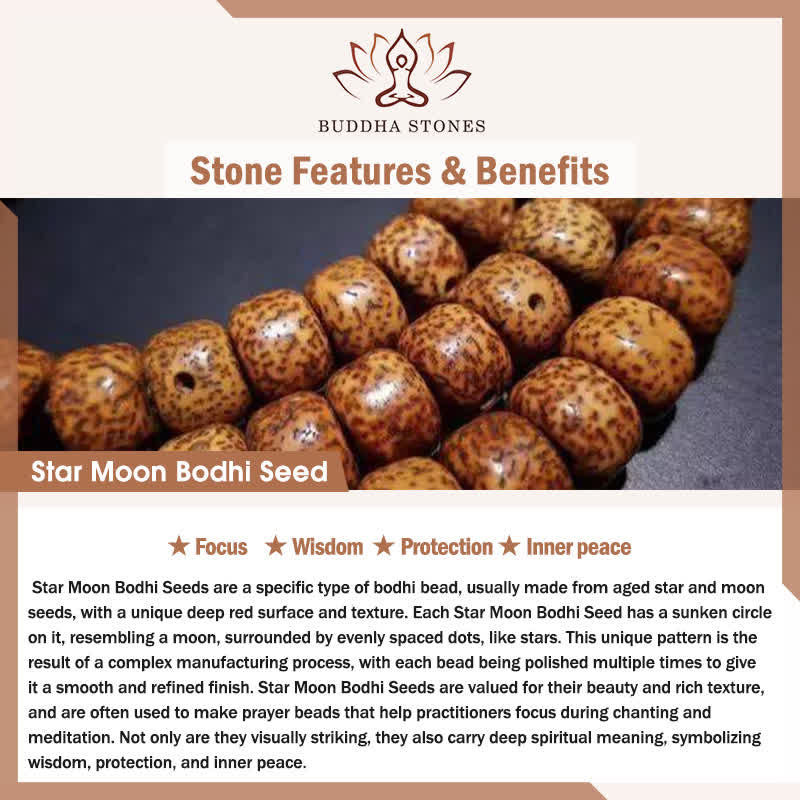 Star Moon Bodhi Seed Lotus Pod Handcrafted Wisdom Round 108 Bead Mala