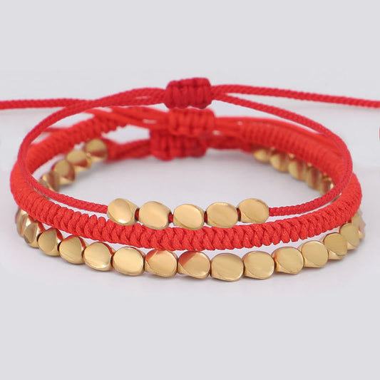 3Pcs Golden Copper Beads Red String Luck Bracelet