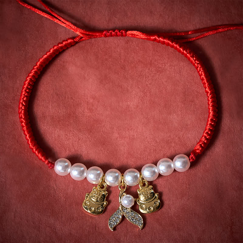 Red String Plaited Pearl Fish Tail Protection Adjustable Cats Pet Collar