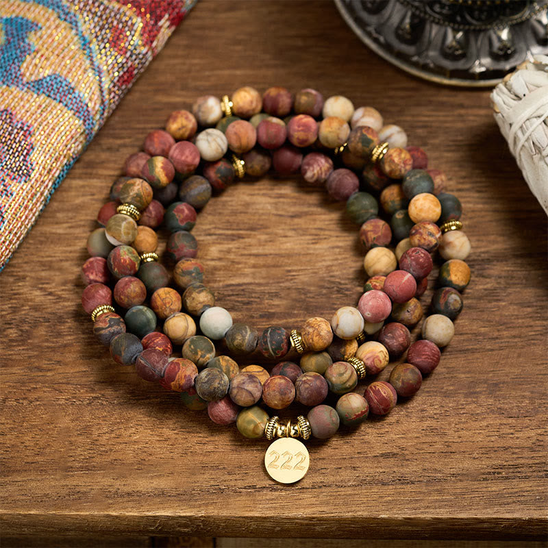 222 Angel Number 108 Mala Beads Picasso Jasper Stone Energy Mala