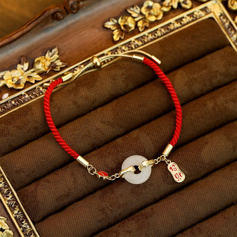 White Jade Red String Fu Character Braided Blessing Bracelet