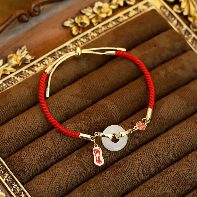 White Jade Red String Fu Character Braided Blessing Bracelet