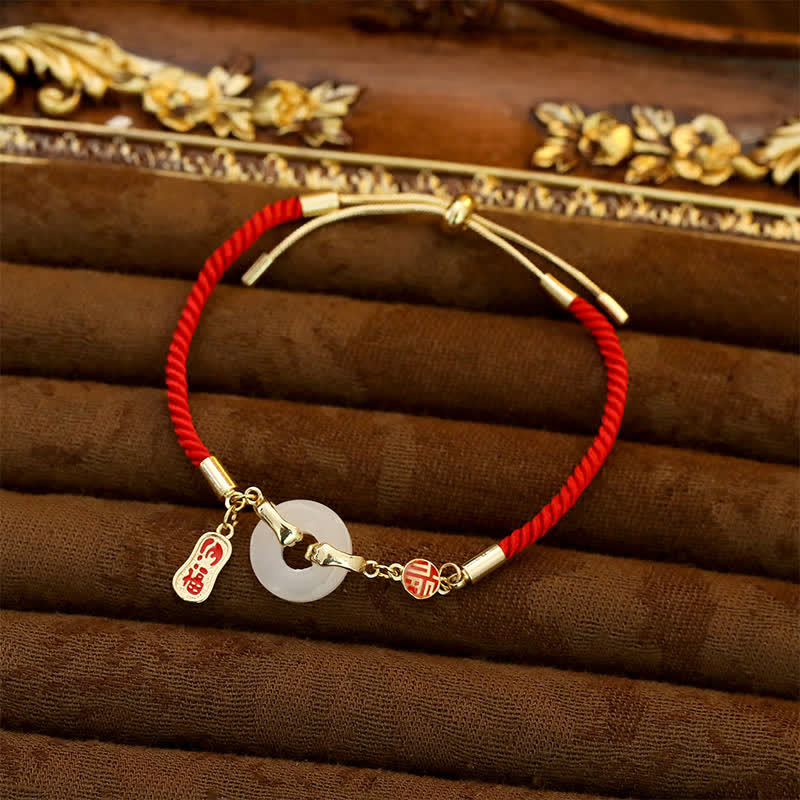 White Jade Red String Fu Character Braided Blessing Bracelet